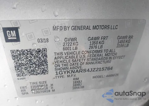 2018 Cadillac Xt5 Standard z USA, uszkodzony, nr VIN 1GYKNARS4JZ215764